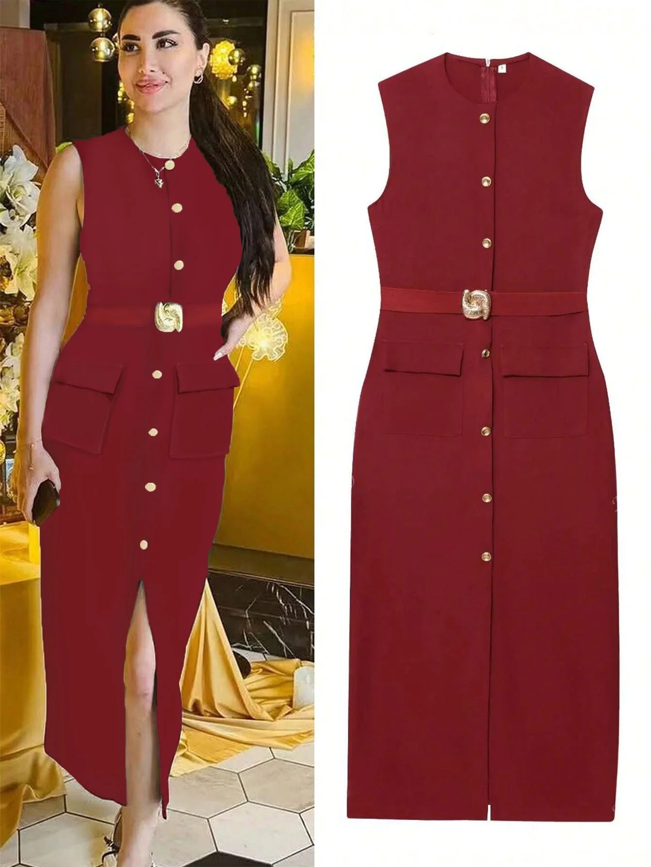 Sleeveless Dress Belted Button Down Front Slit Solid Color Office Elegant Chic Style - SN Wigs & More