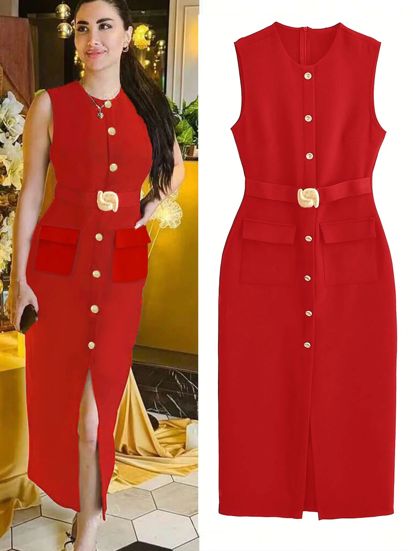 Sleeveless Dress Belted Button Down Front Slit Solid Color Office Elegant Chic Style - SN Wigs & More