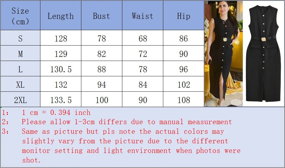 Sleeveless Dress Belted Button Down Front Slit Solid Color Office Elegant Chic Style - SN Wigs & More