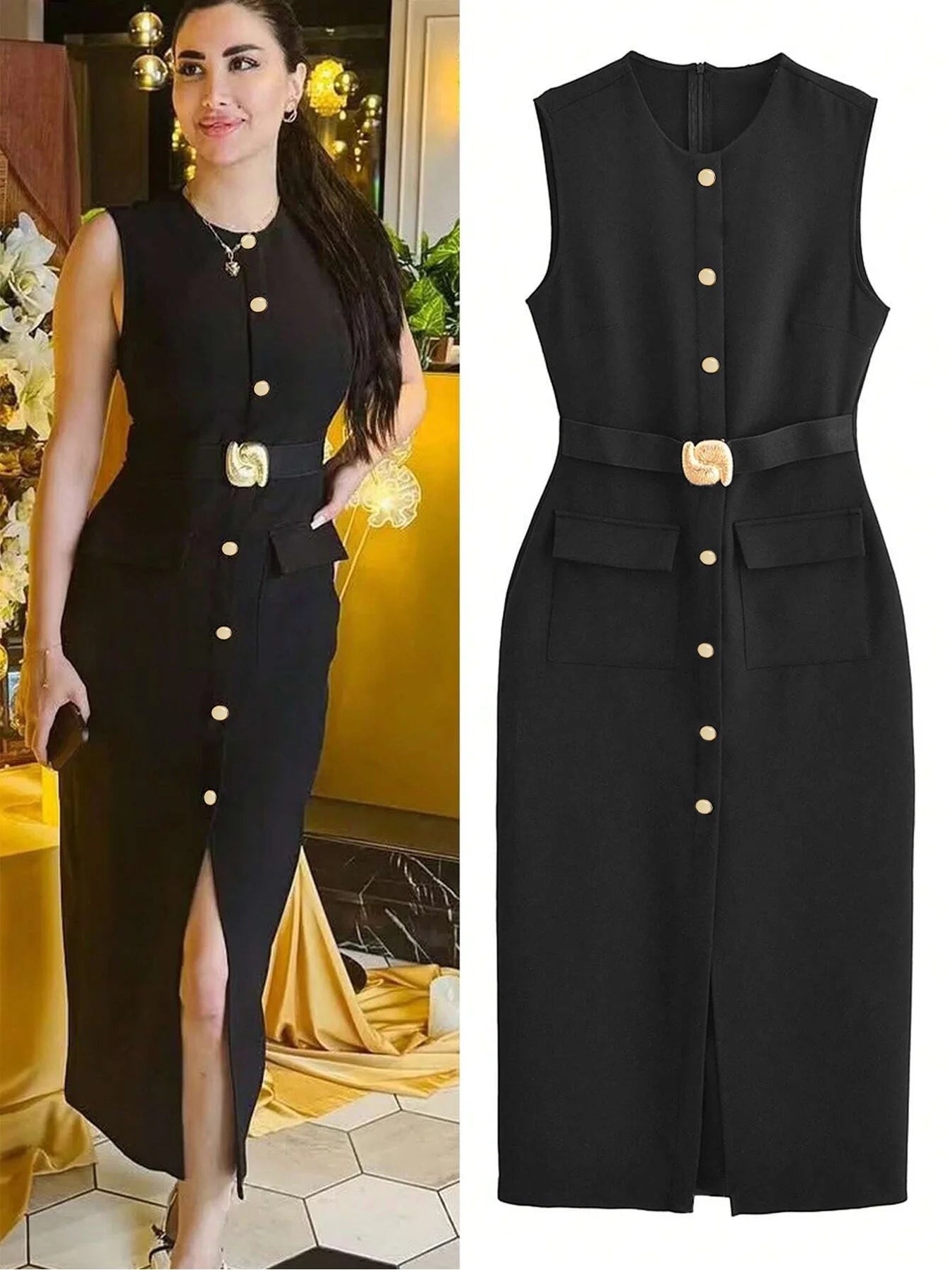 Sleeveless Dress Belted Button Down Front Slit Solid Color Office Elegant Chic Style - SN Wigs & More