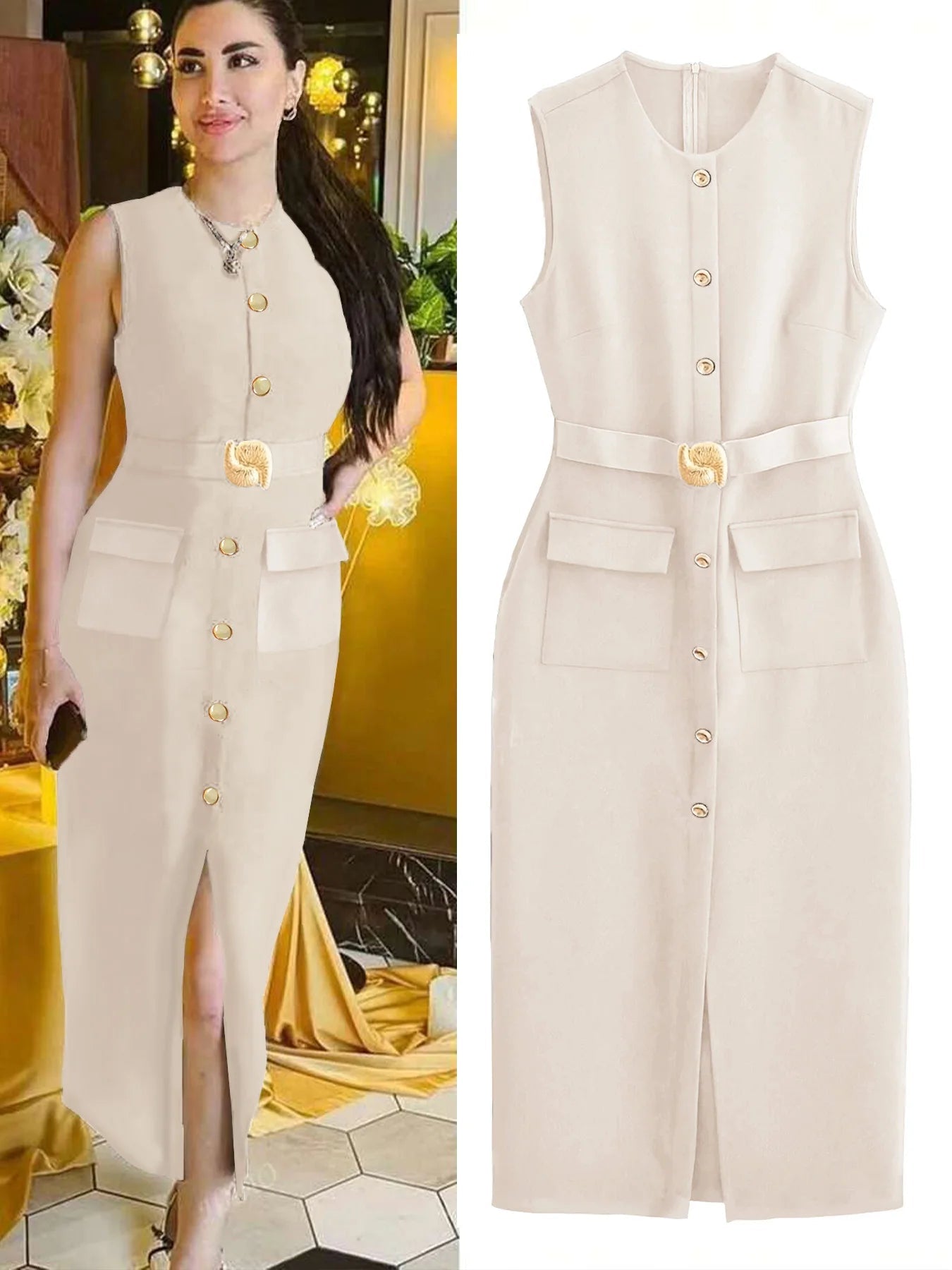 Sleeveless Dress Belted Button Down Front Slit Solid Color Office Elegant Chic Style - SN Wigs & More