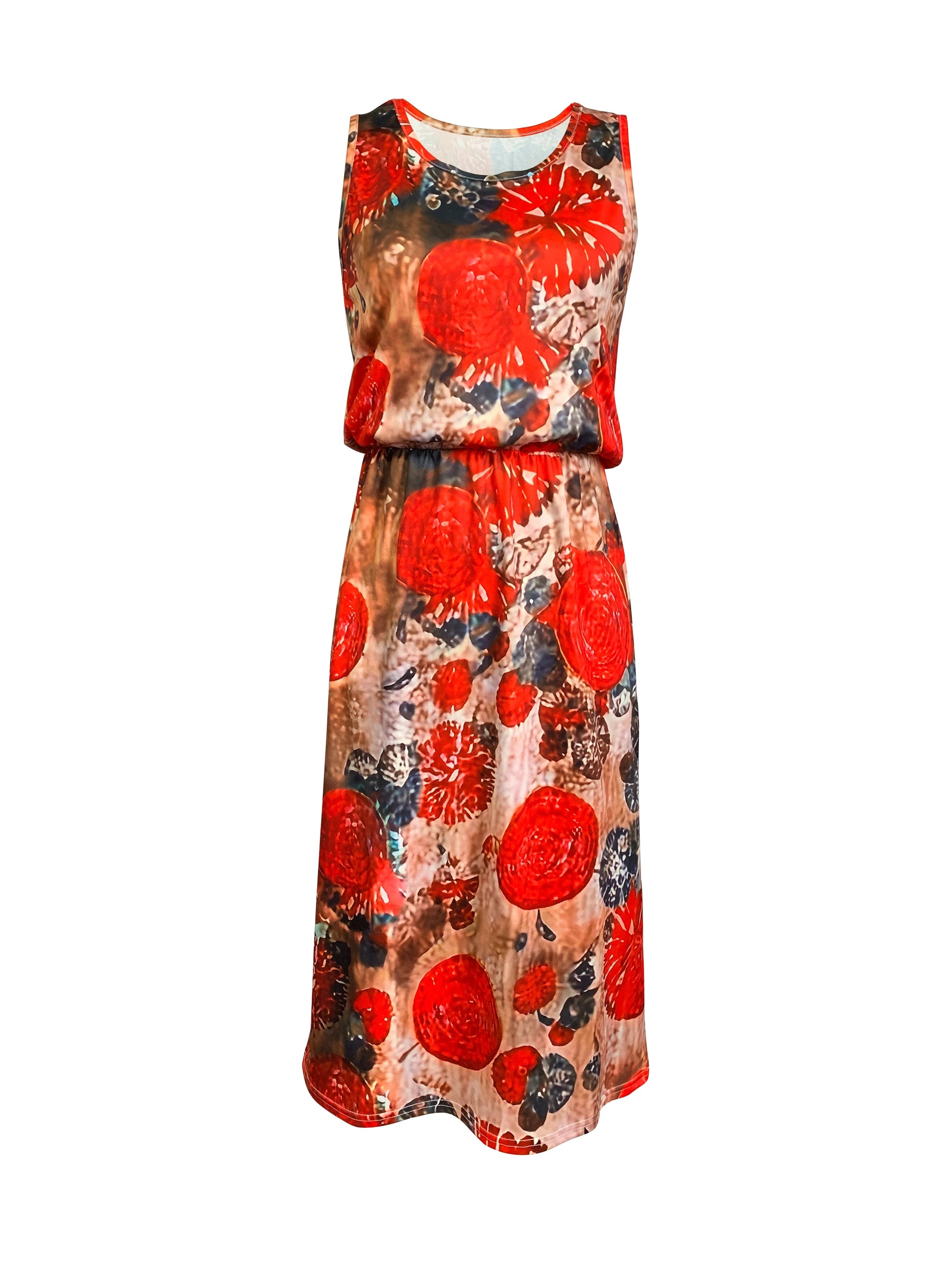 Sleeveless Midi Dress + Bold Red Floral Print With Subtle Knit Texture + Casual Summer Party Style - SN Wigs & More
