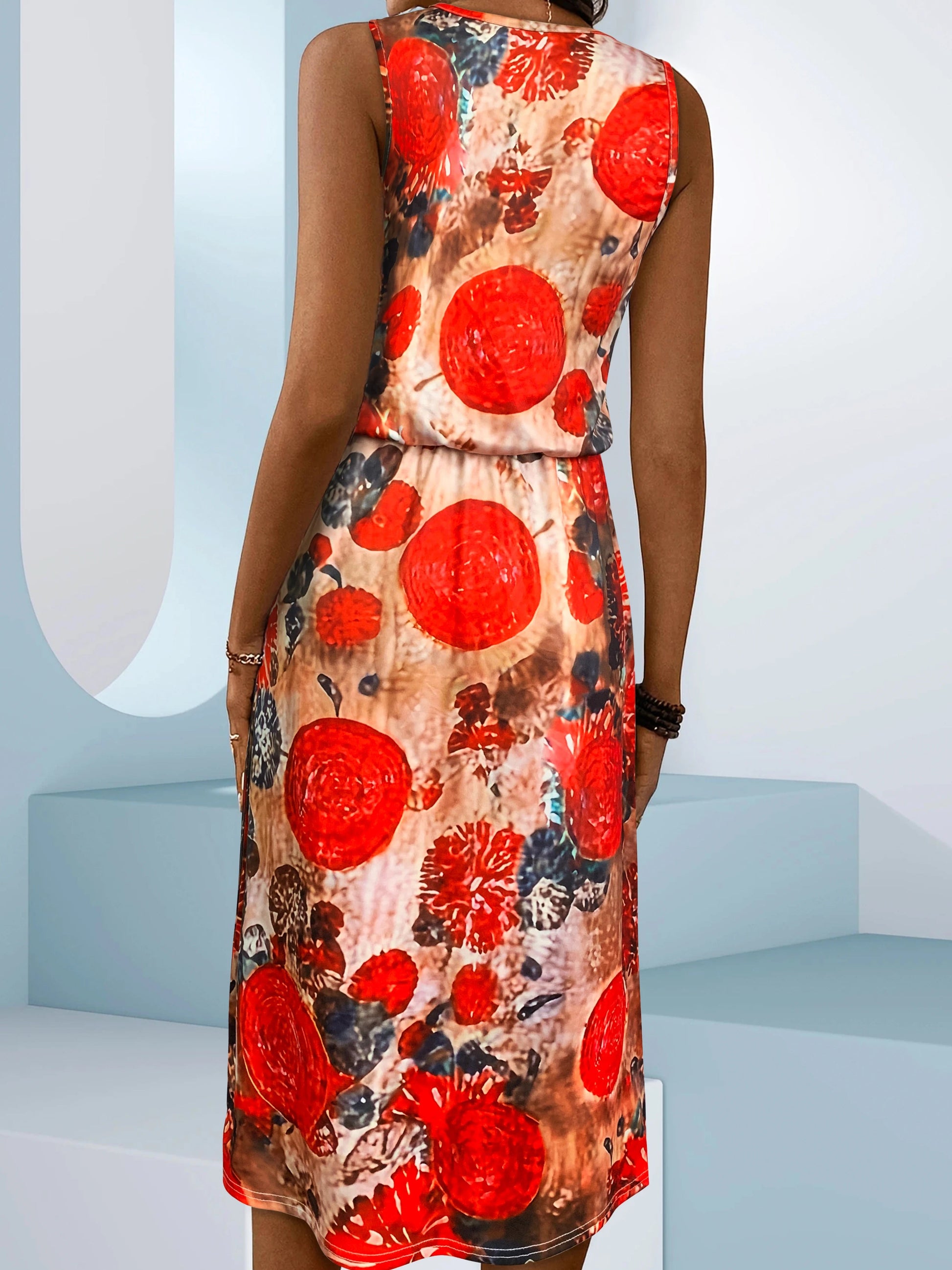 Sleeveless Midi Dress + Bold Red Floral Print With Subtle Knit Texture + Casual Summer Party Style - SN Wigs & More