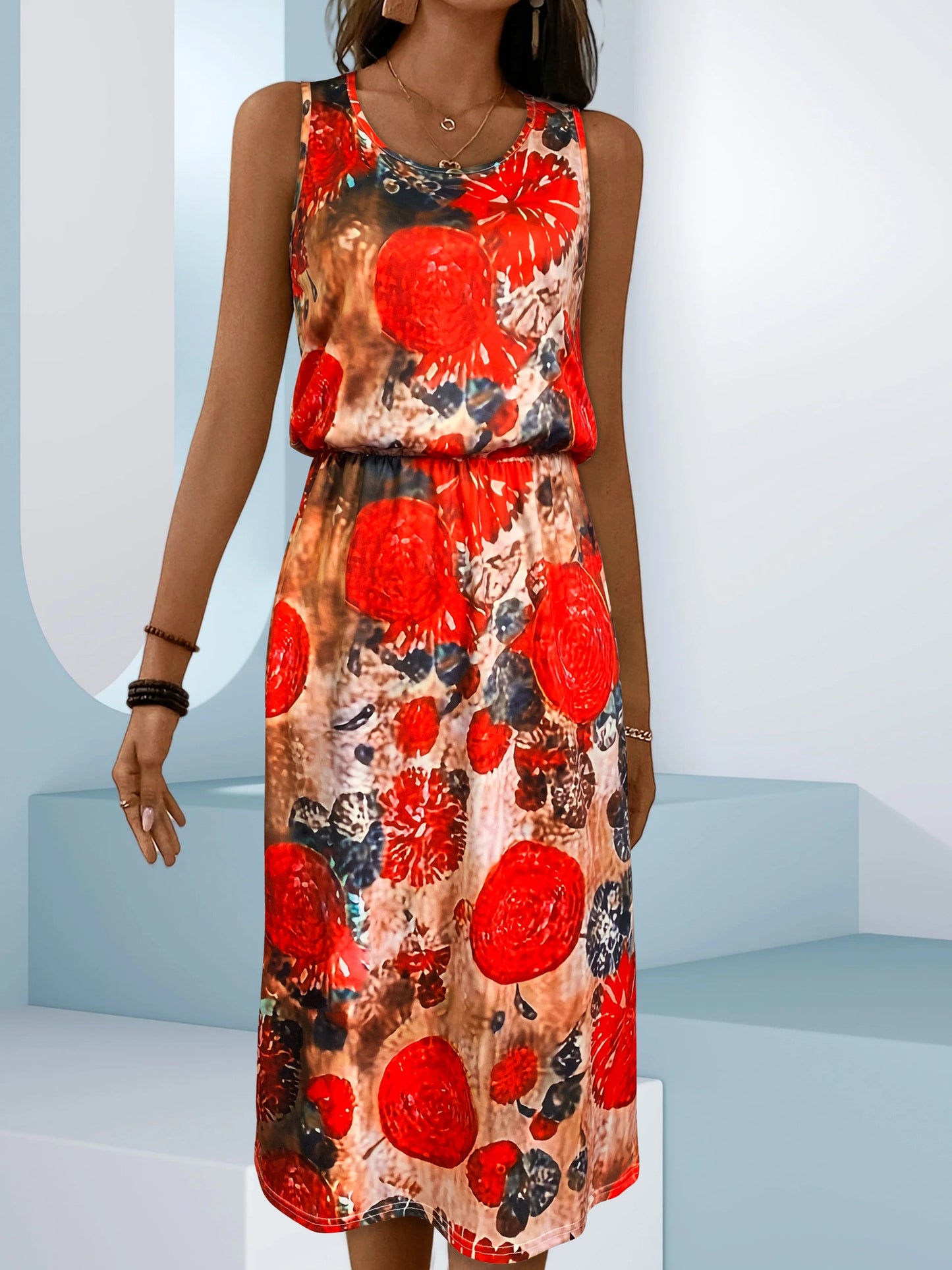 Sleeveless Midi Dress + Bold Red Floral Print With Subtle Knit Texture + Casual Summer Party Style - SN Wigs & More