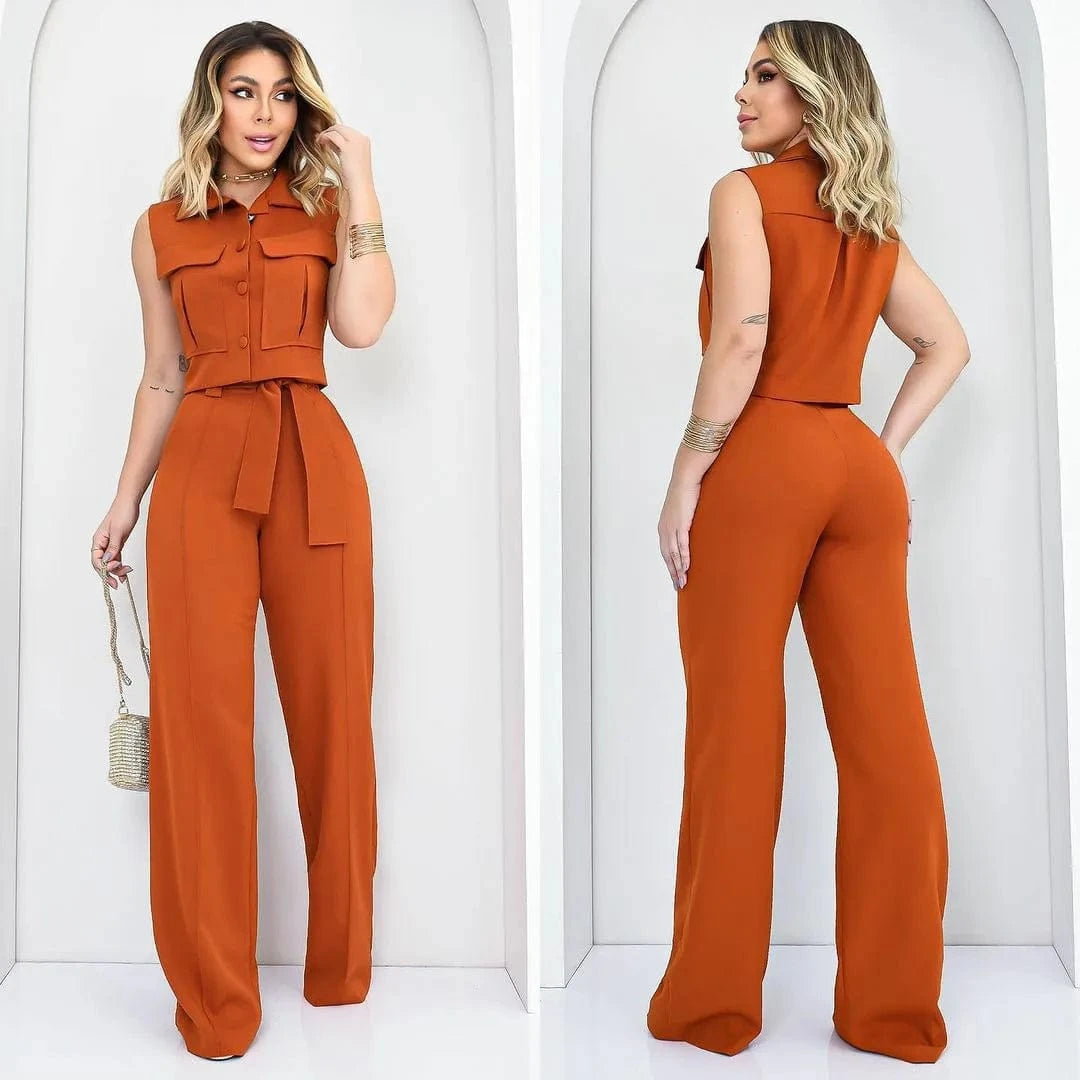 Sleeveless Pant Sets 2024  Women Elegant Tank Tops and Straight Pants Suits Casual 2pcs Pocket Matching Sets