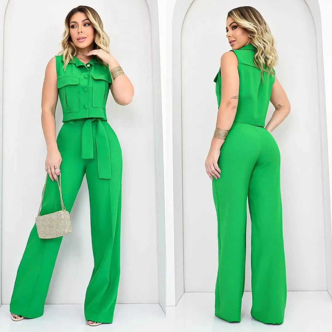 Sleeveless Pant Sets 2024  Women Elegant Tank Tops and Straight Pants Suits Casual 2pcs Pocket Matching Sets