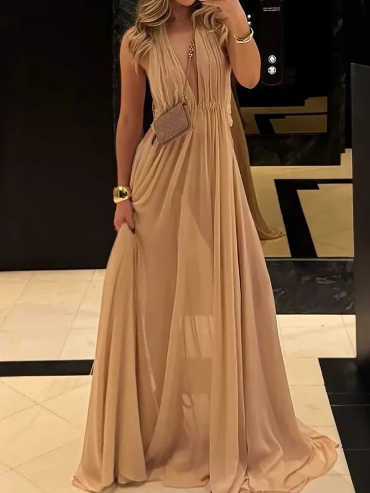 Sleeveless Patchwork Sexy Maxi Dress, Women Summer Deep V Neck Simple Chic Party Dress, 2025 Solid Backless Elegant Ladies Dress - SN Wigs & More