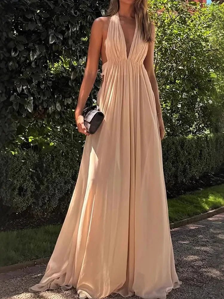 Sleeveless Patchwork Sexy Maxi Dress, Women Summer Deep V Neck Simple Chic Party Dress, 2025 Solid Backless Elegant Ladies Dress - SN Wigs & More