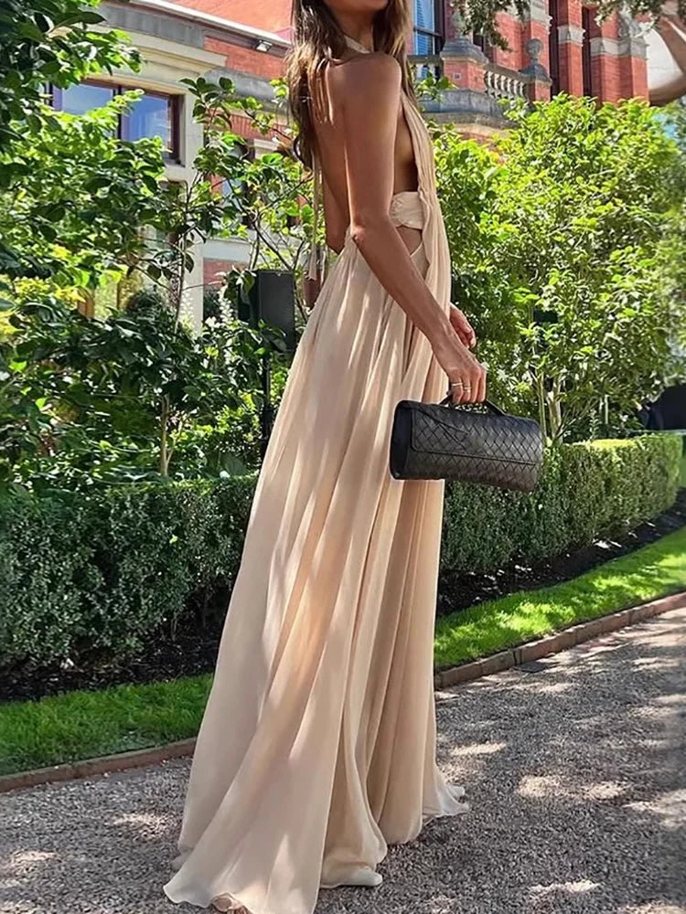 Sleeveless Patchwork Sexy Maxi Dress, Women Summer Deep V Neck Simple Chic Party Dress, 2025 Solid Backless Elegant Ladies Dress - SN Wigs & More