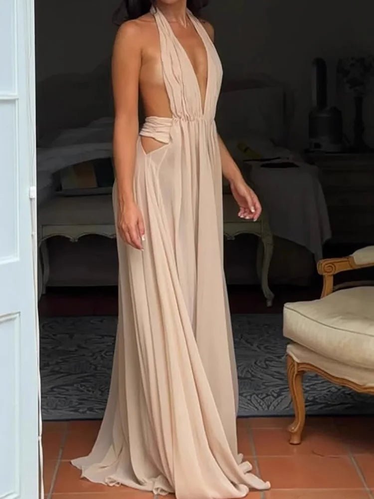 Sleeveless Patchwork Sexy Maxi Dress, Women Summer Deep V Neck Simple Chic Party Dress, 2025 Solid Backless Elegant Ladies Dress - SN Wigs & More