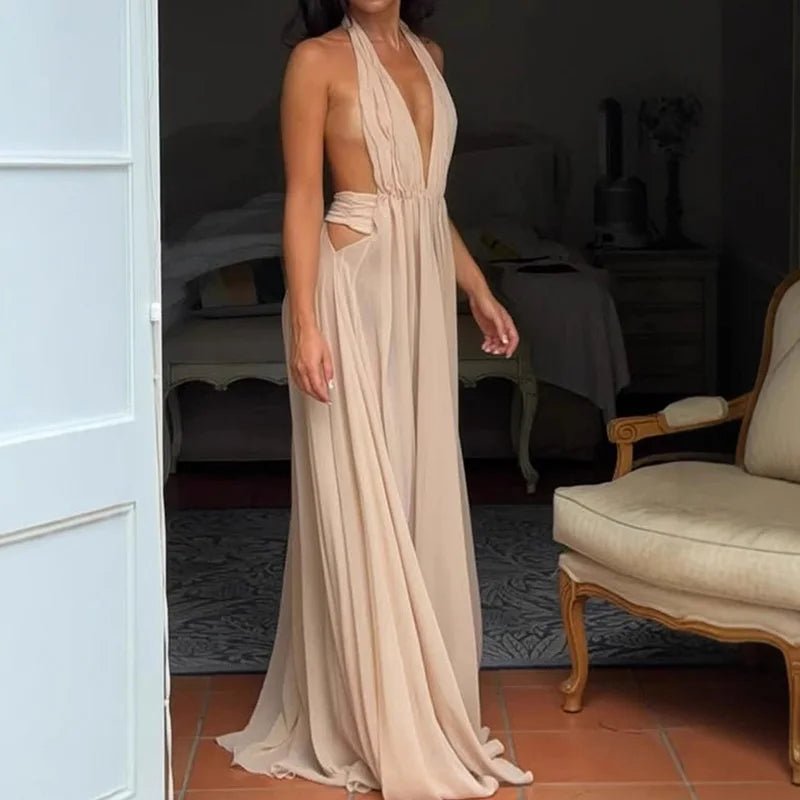 Sleeveless Patchwork Sexy Maxi Dress, Women Summer Deep V Neck Simple Chic Party Dress, 2025 Solid Backless Elegant Ladies Dress - SN Wigs & More