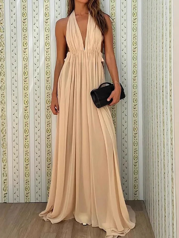 Sleeveless Patchwork Sexy Maxi Dress, Women Summer Deep V Neck Simple Chic Party Dress, 2025 Solid Backless Elegant Ladies Dress - SN Wigs & More