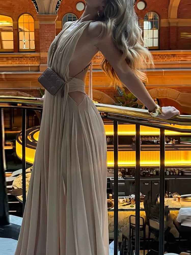 Sleeveless Patchwork Sexy Maxi Dress, Women Summer Deep V Neck Simple Chic Party Dress, 2025 Solid Backless Elegant Ladies Dress - SN Wigs & More