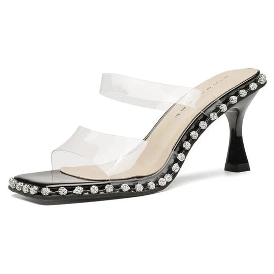Slippers Women Casual Rhinestone Decor Square-toe Mujer Shoe Transparent T-strap High Heel Sandals Ladies Daily Outdoor Slippers