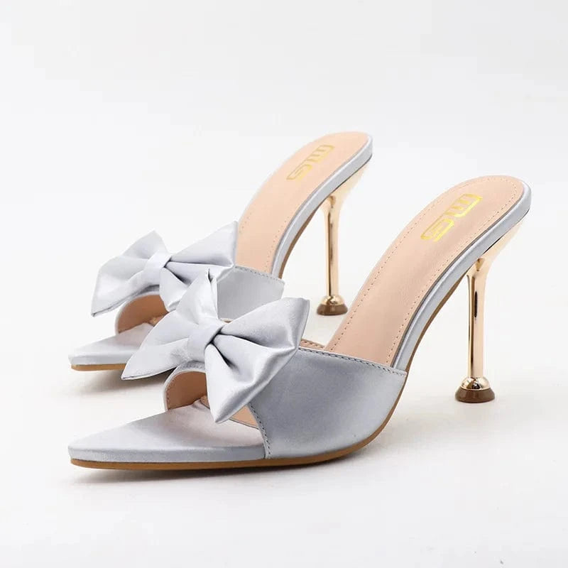 Slippers Women Hot Selling Casual Bowknot Buckle Shoes Silk Satin Pointed-toe High Heels Slippers For Ladies Vacation Party Shoe