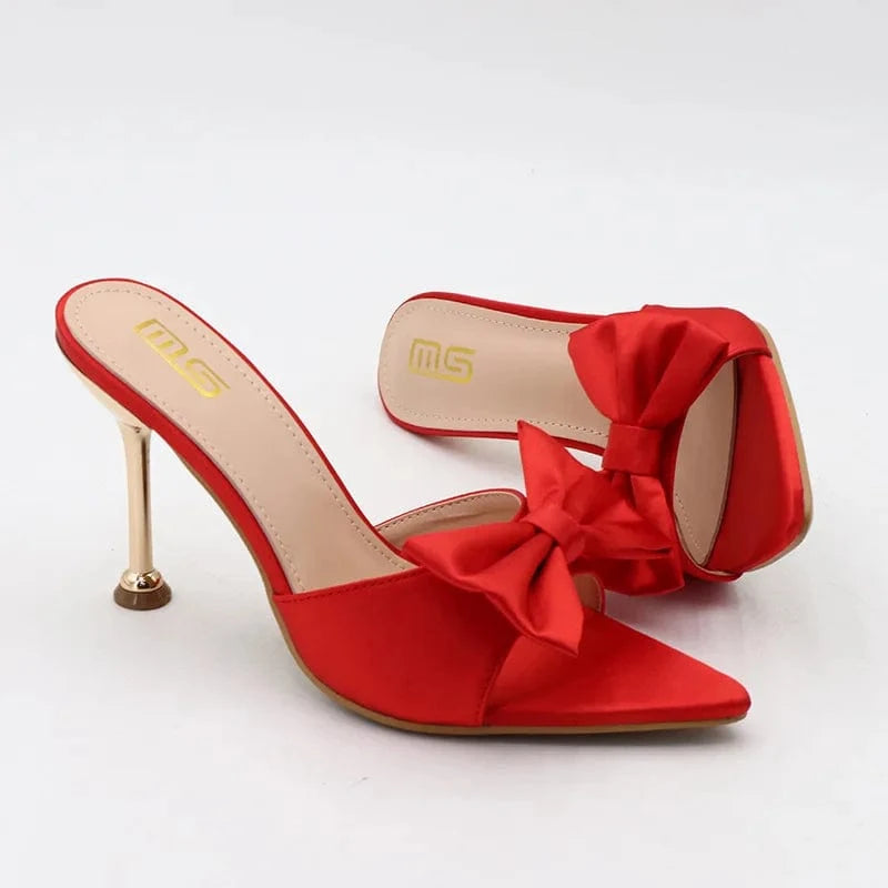 Slippers Women Hot Selling Casual Bowknot Buckle Shoes Silk Satin Pointed-toe High Heels Slippers For Ladies Vacation Party Shoe