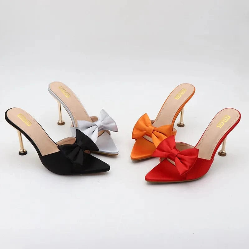 Slippers Women Hot Selling Casual Bowknot Buckle Shoes Silk Satin Pointed-toe High Heels Slippers For Ladies Vacation Party Shoe