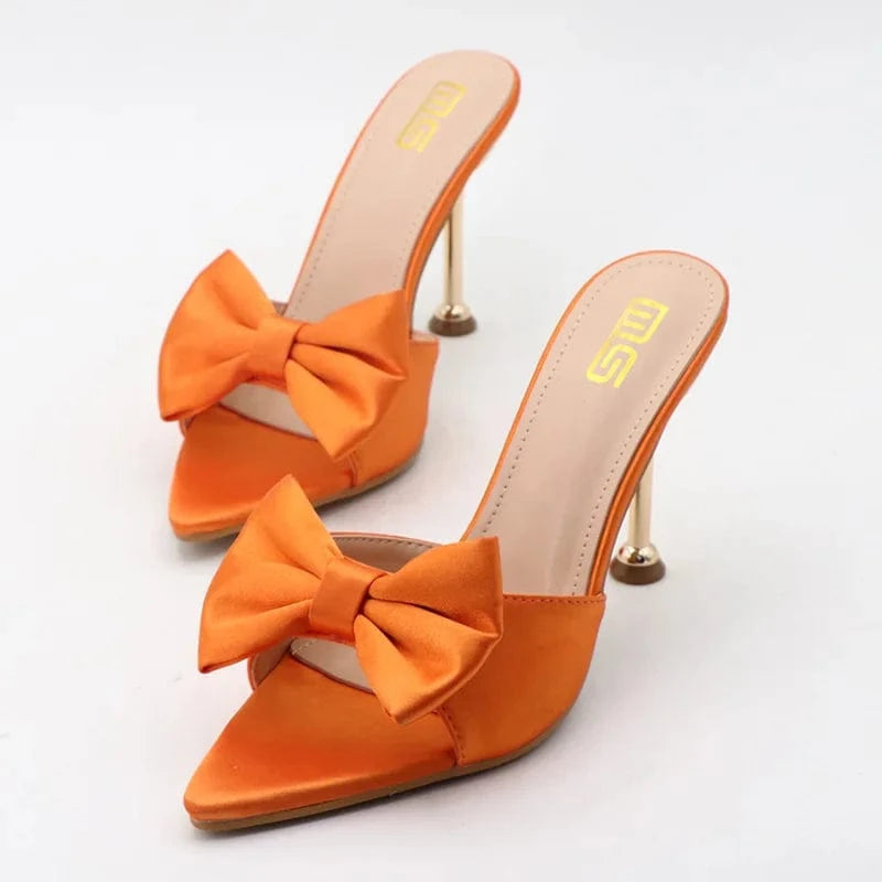 Slippers Women Hot Selling Casual Bowknot Buckle Shoes Silk Satin Pointed-toe High Heels Slippers For Ladies Vacation Party Shoe