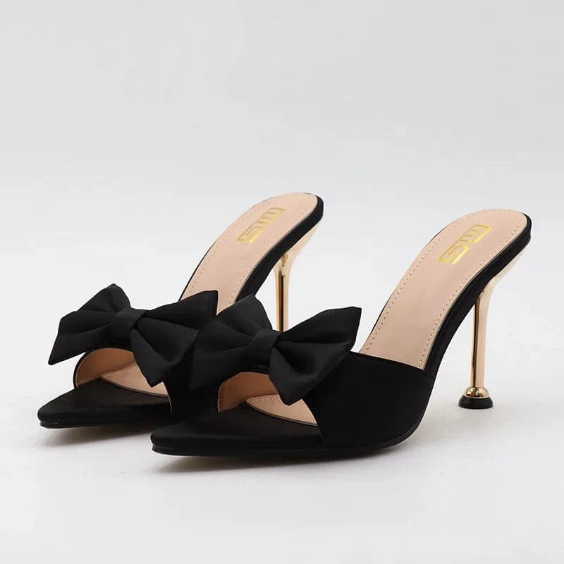 Slippers Women Hot Selling Casual Bowknot Buckle Shoes Silk Satin Pointed-toe High Heels Slippers For Ladies Vacation Party Shoe
