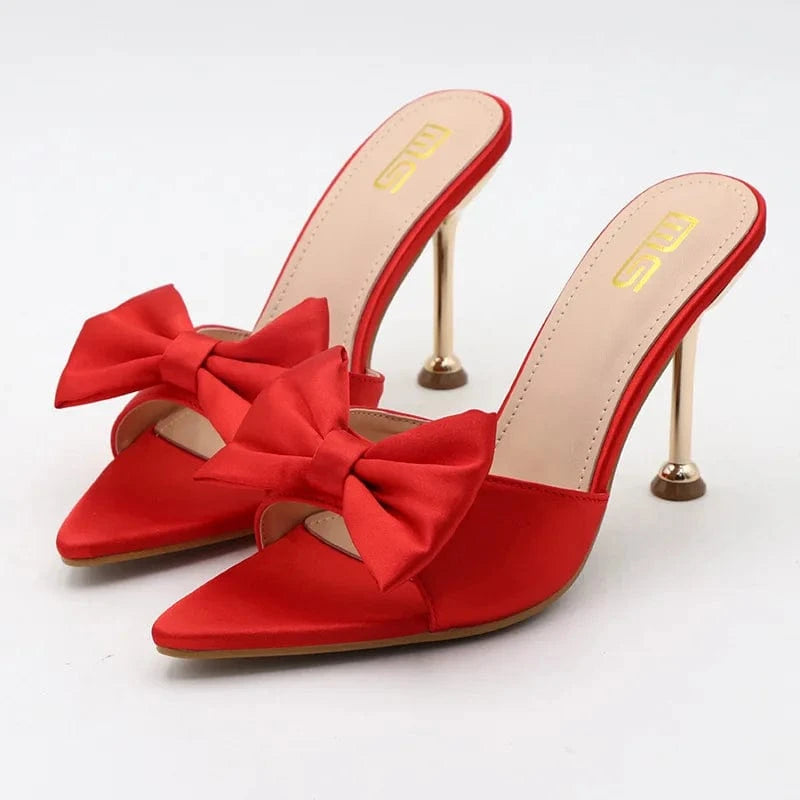 Slippers Women Hot Selling Casual Bowknot Buckle Shoes Silk Satin Pointed-toe High Heels Slippers For Ladies Vacation Party Shoe