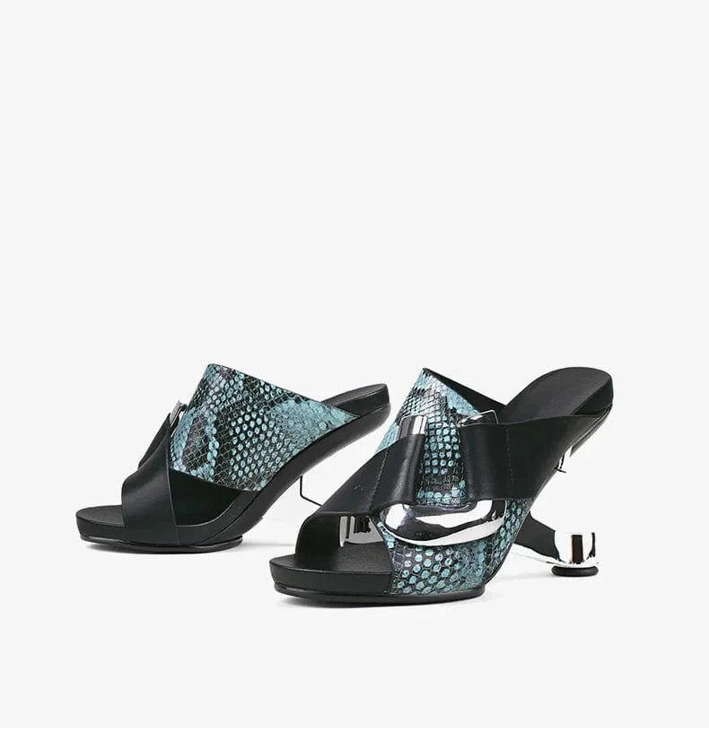 Slippers Women Sexy Snake Pattern Metal Buckle Mujer Zapatos Cross Strap Open-toe High Heel Sandals For Ladies Shopping Slippers