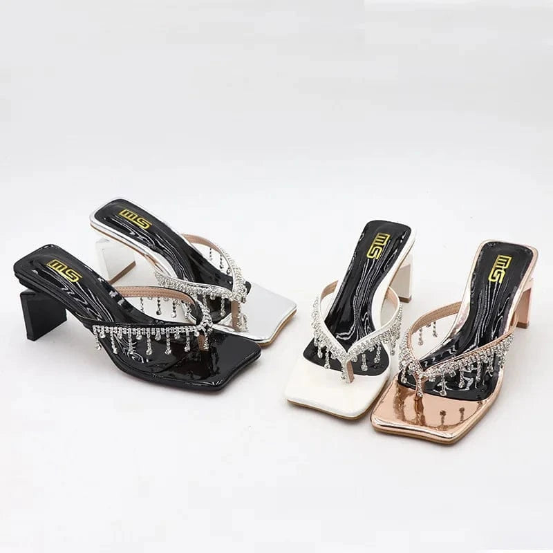 Slippers Women Summer Hot Selling Rhinestone Decor Shoes Square-toe Clip-toe Chunky Heels Sandals For Ladies Party Beach Sandals