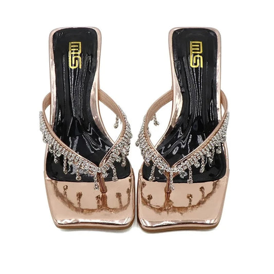 Slippers Women Summer Hot Selling Rhinestone Decor Shoes Square-toe Clip-toe Chunky Heels Sandals For Ladies Party Beach Sandals
