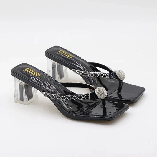 Slippers Women Summer Luxury Rhinestone Decor Shoes Square-toe Large Size Chunky Heeled Sandals Ladies Beach Flip-flops Slippers