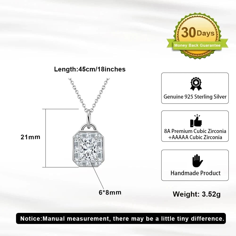 SLZN11-P RINNTIN LZN11 8A Premium Cubic Zirconia Princess Cut Square Pendant Necklace And Stud Earrings Jewelry Set 925 Silver Women Gift