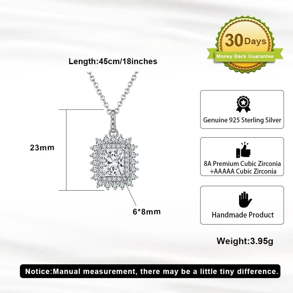 SLZN13-P RINNTIN LZN11 8A Premium Cubic Zirconia Princess Cut Square Pendant Necklace And Stud Earrings Jewelry Set 925 Silver Women Gift