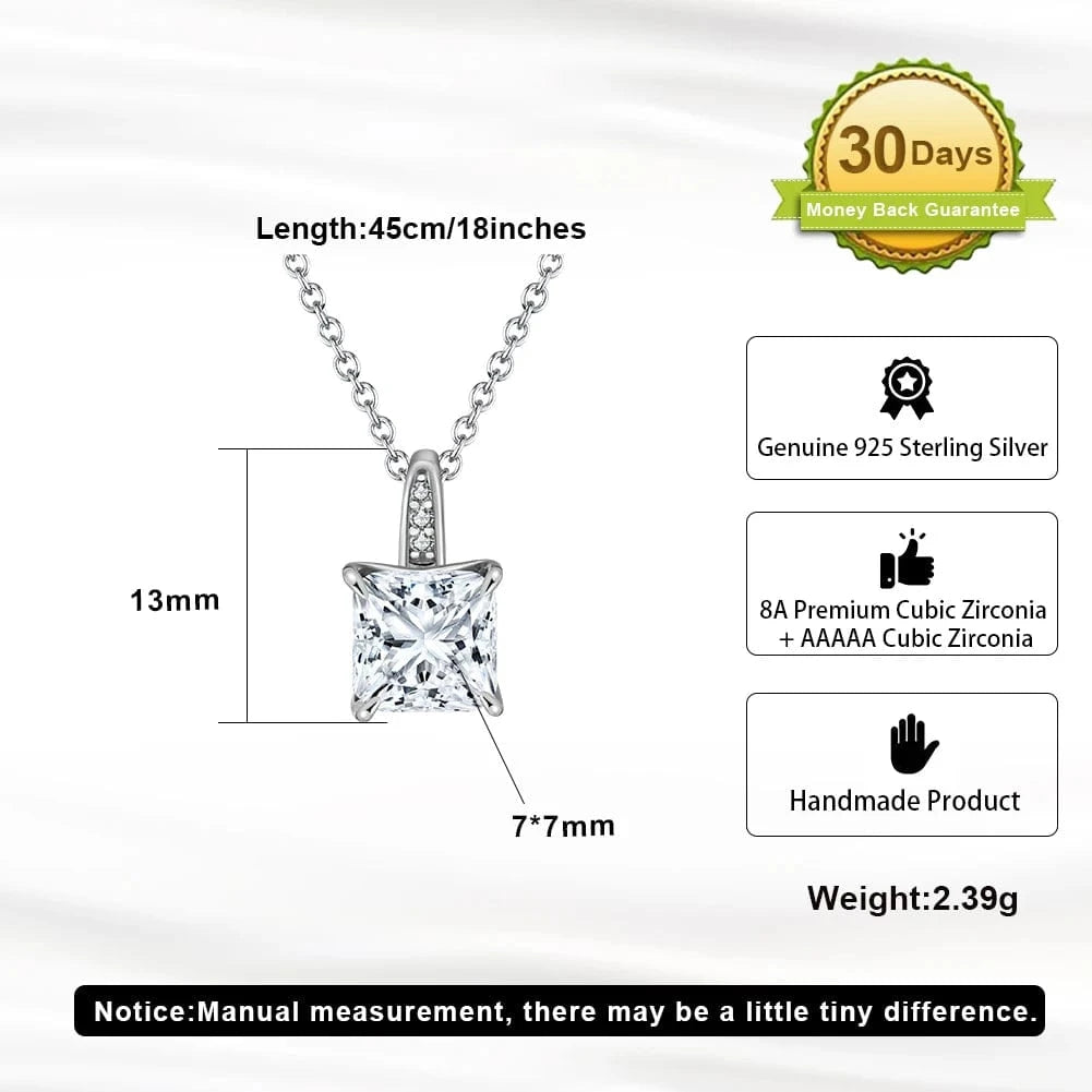 SLZN15-P RINNTIN LZN11 8A Premium Cubic Zirconia Princess Cut Square Pendant Necklace And Stud Earrings Jewelry Set 925 Silver Women Gift
