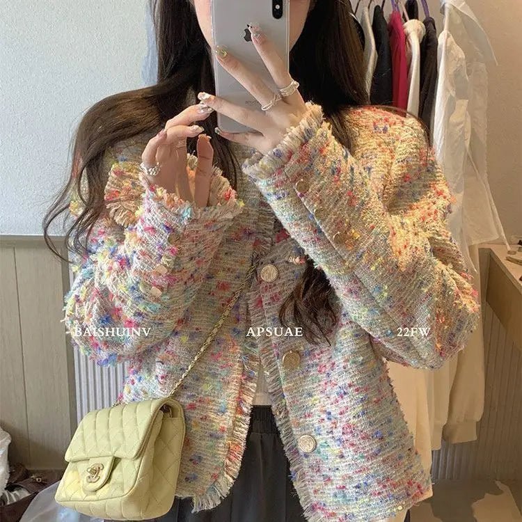 Small fragrant tweed short coat female autumn and winter French color design tassel French niche loose temperament top - SN Wigs & More