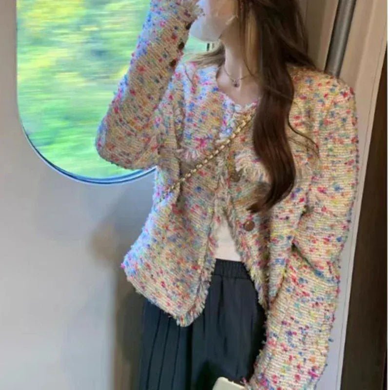 Small fragrant tweed short coat female autumn and winter French color design tassel French niche loose temperament top - SN Wigs & More