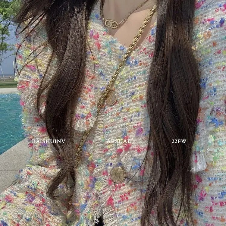 Small fragrant tweed short coat female autumn and winter French color design tassel French niche loose temperament top - SN Wigs & More