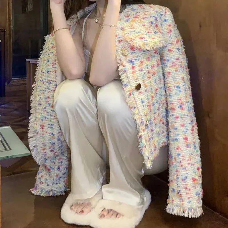 Small fragrant tweed short coat female autumn and winter French color design tassel French niche loose temperament top - SN Wigs & More