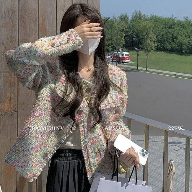 Small fragrant tweed short coat female autumn and winter French color design tassel French niche loose temperament top - SN Wigs & More