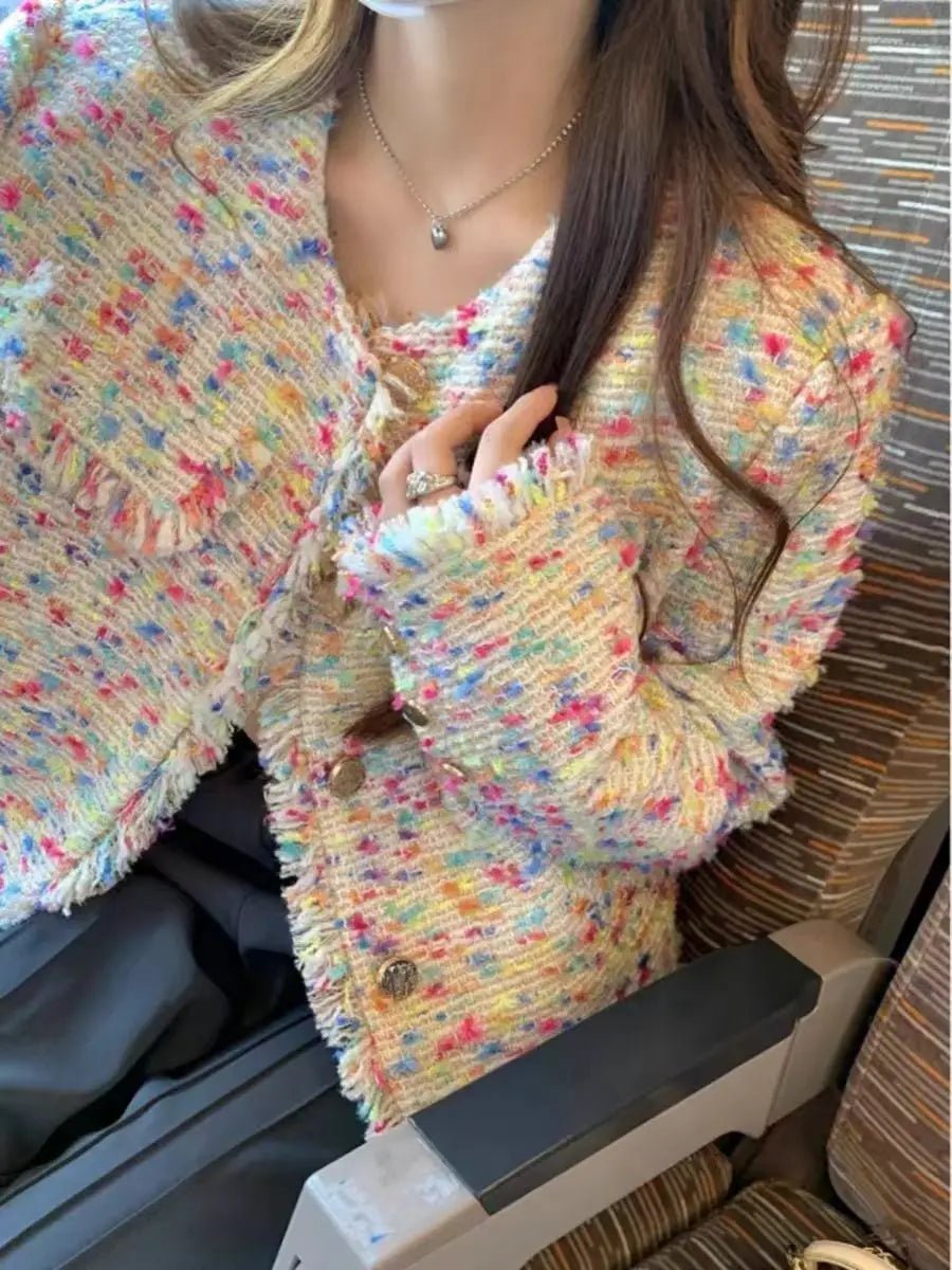 Small fragrant tweed short coat female autumn and winter French color design tassel French niche loose temperament top - SN Wigs & More