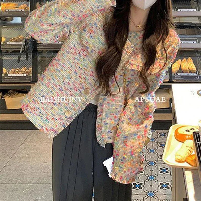 Small fragrant tweed short coat female autumn and winter French color design tassel French niche loose temperament top - SN Wigs & More
