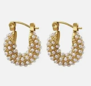 small pearl Luxury Sparkle 18K Gold PVD Plated Shiny Party  Micro Pave Stainless Steel Hoop Earring Non Tarnish & Waterproof Jewelry