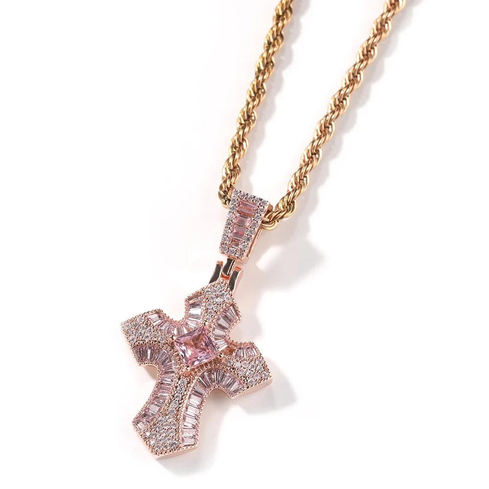 Smaller Size Bling Baguette Pink Black Purple Cubic Zircon Cross Pendant Necklace Unisex Hip Hop Jewelry