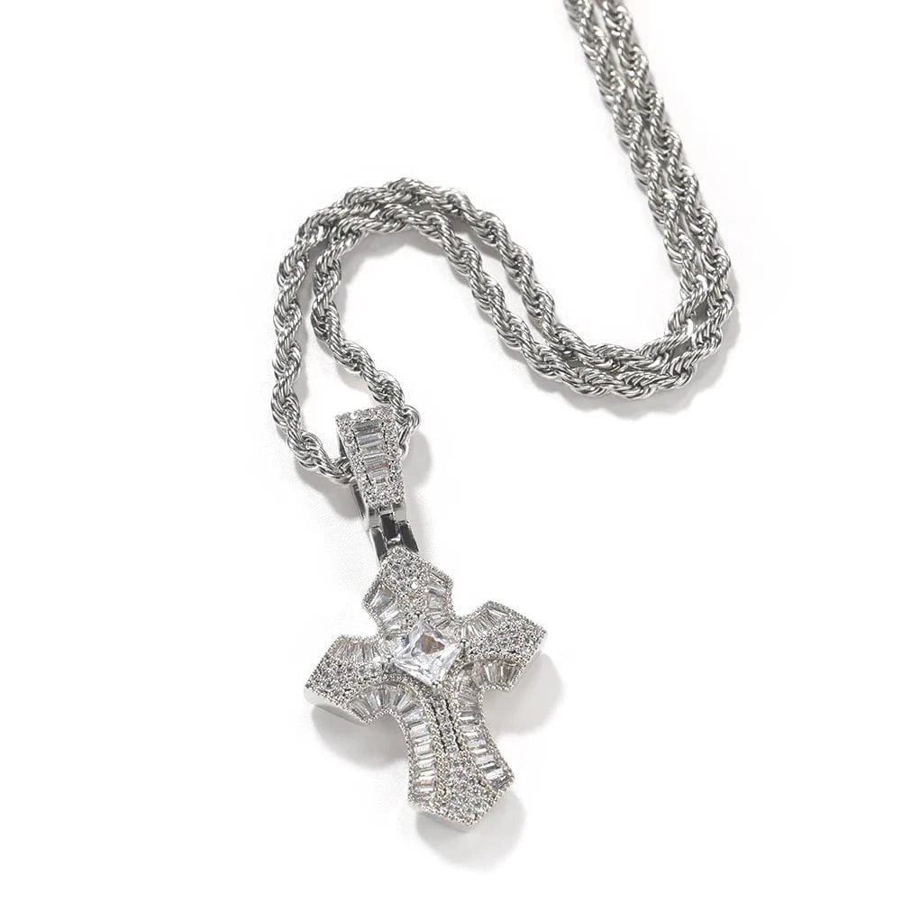 Smaller Size Bling Baguette Pink Black Purple Cubic Zircon Cross Pendant Necklace Unisex Hip Hop Jewelry
