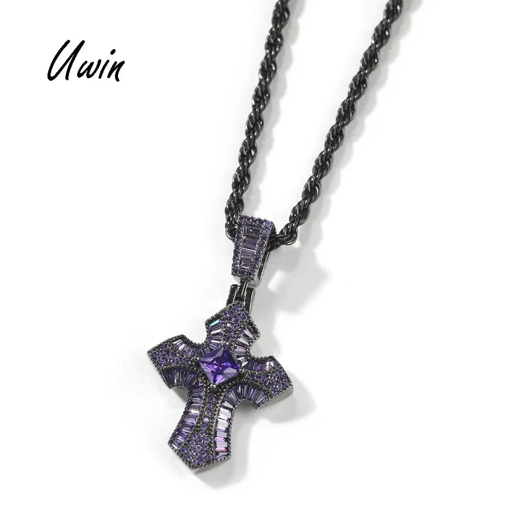 Smaller Size Bling Baguette Pink Black Purple Cubic Zircon Cross Pendant Necklace Unisex Hip Hop Jewelry