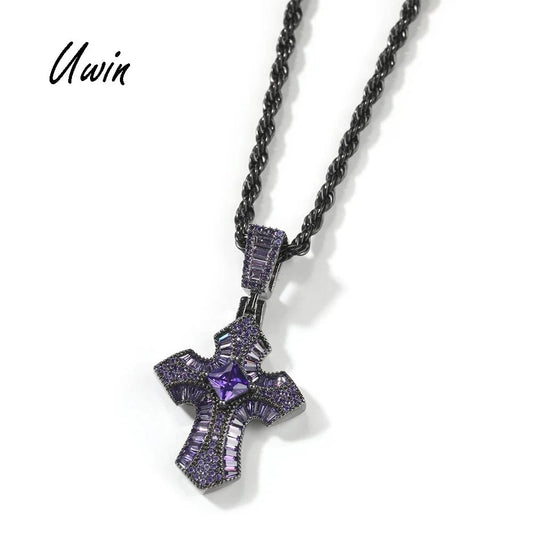 Smaller Size Bling Baguette Pink Black Purple Cubic Zircon Cross Pendant Necklace Unisex Hip Hop Jewelry