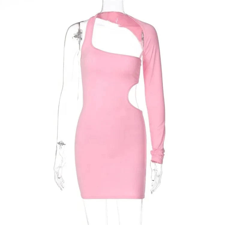 Solid Backless Hollow Out One Sleeve Mini Dress 2024 Summer For Women Sexy Y2K Bodycon Skinny Dress