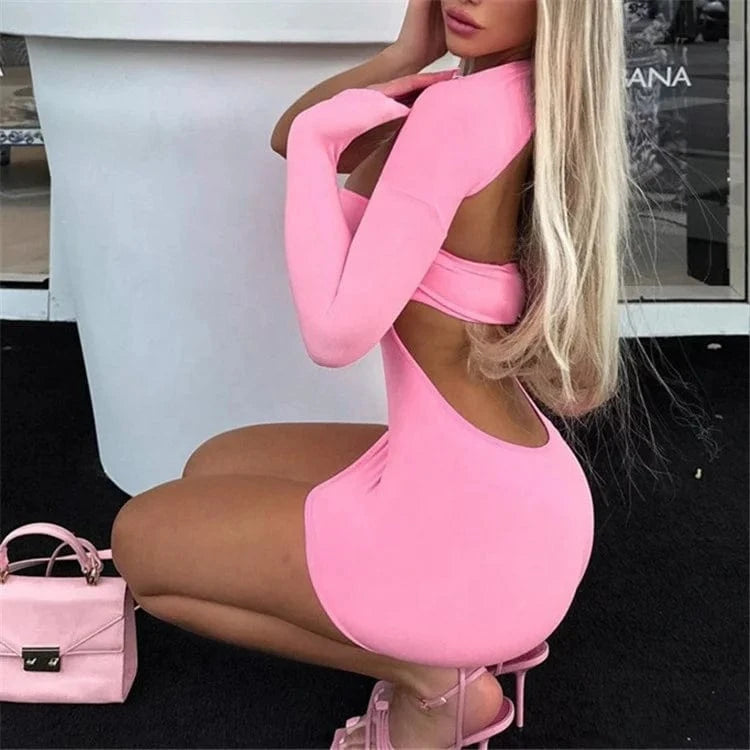 Solid Backless Hollow Out One Sleeve Mini Dress 2024 Summer For Women Sexy Y2K Bodycon Skinny Dress