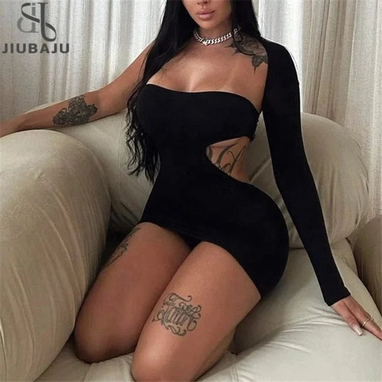 Solid Backless Hollow Out One Sleeve Mini Dress 2024 Summer For Women Sexy Y2K Bodycon Skinny Dress