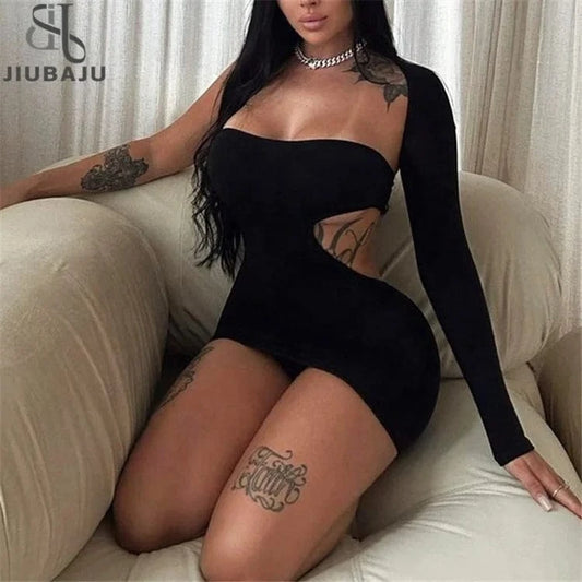 Solid Backless Hollow Out One Sleeve Mini Dress 2024 Summer For Women Sexy Y2K Bodycon Skinny Dress