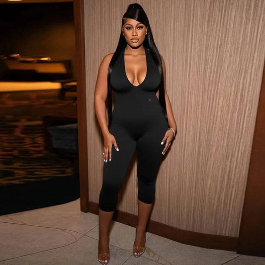 Solid Black Sexy Backless Halter Deep V-Neck Jumpsuit Women One Piece Outfits Skinny Casual Streetwear Calf-Length Simple Romper