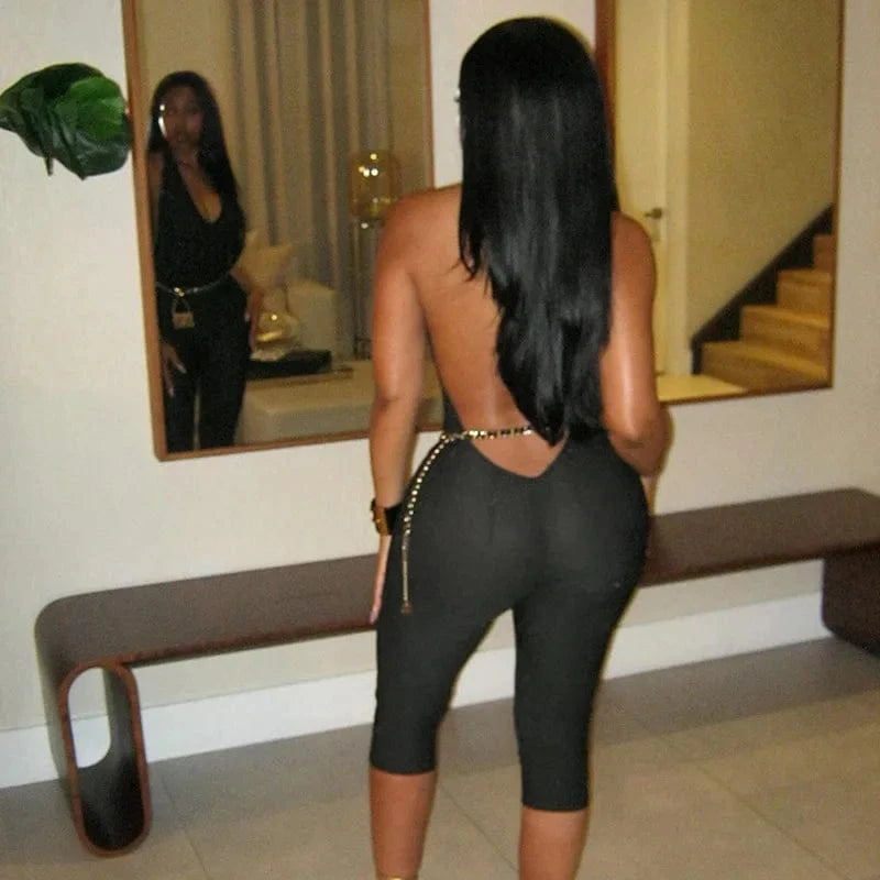 Solid Black Sexy Backless Halter Deep V-Neck Jumpsuit Women One Piece Outfits Skinny Casual Streetwear Calf-Length Simple Romper