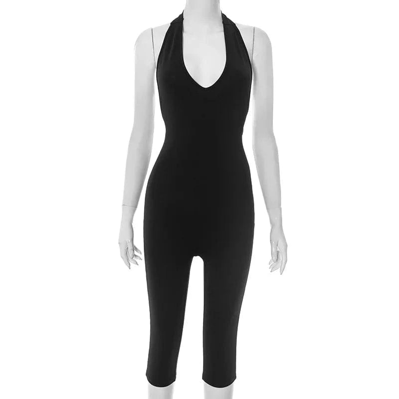 Solid Black Sexy Backless Halter Deep V-Neck Jumpsuit Women One Piece Outfits Skinny Casual Streetwear Calf-Length Simple Romper